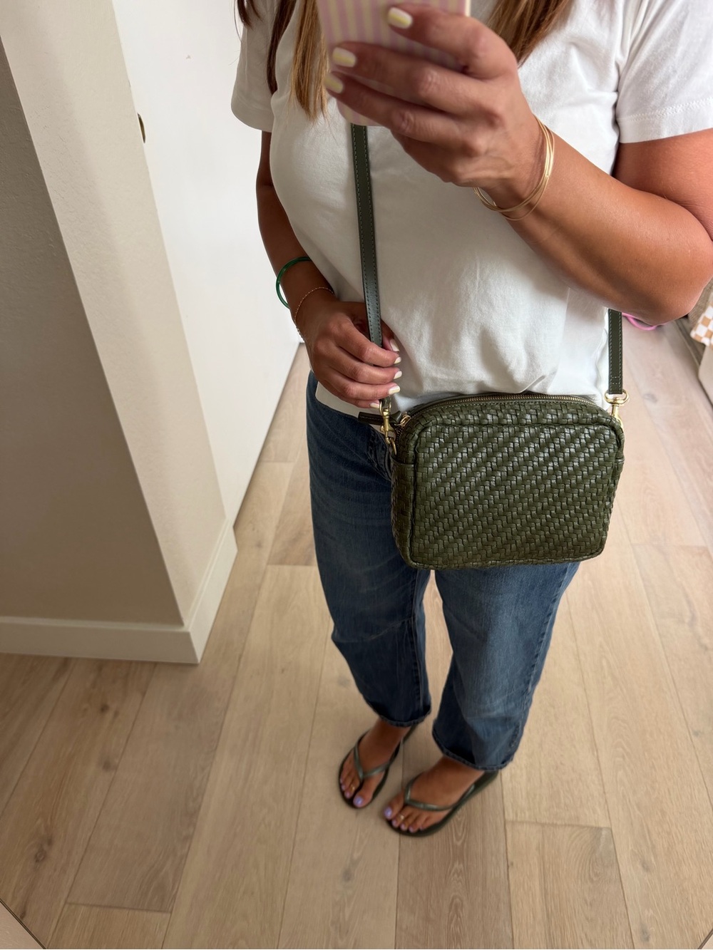 Clare V Olive Green Herringbone Woven Leather Midi Sac Crossbody Bag EUC - Picture 6 of 11